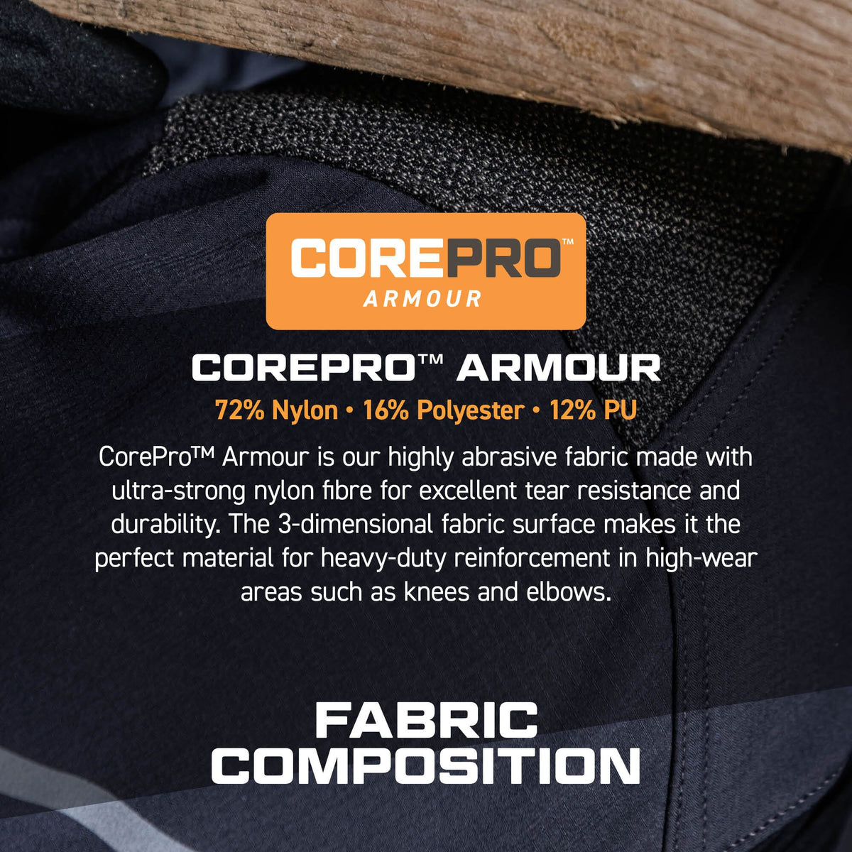 CorePro Armour reinforcement infographic, Portwest EV4 EV440 Stretch Detachable Holster Work Trousers