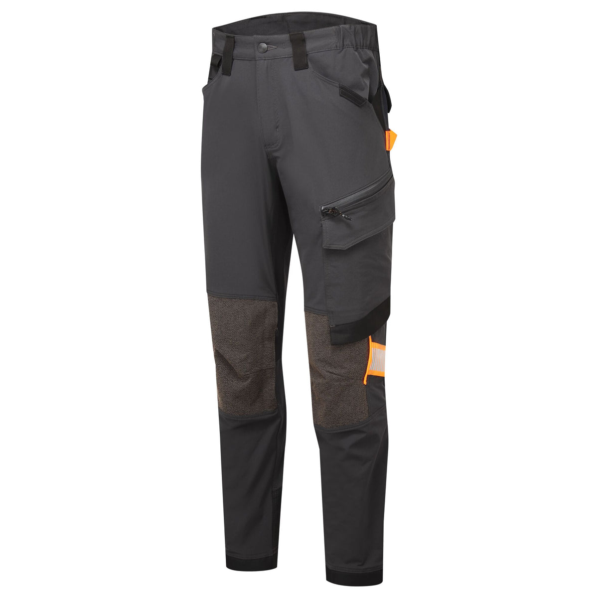Portwest EV4 EV441 4-Way Stretch Work Trousers in Metal Grey, front three-quarter view