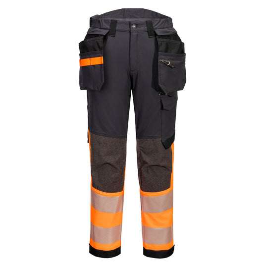 Portwest EV4 EV442 Hi-Vis Class 1 Stretch Holster Work Trousers in Orange/Metal Grey
