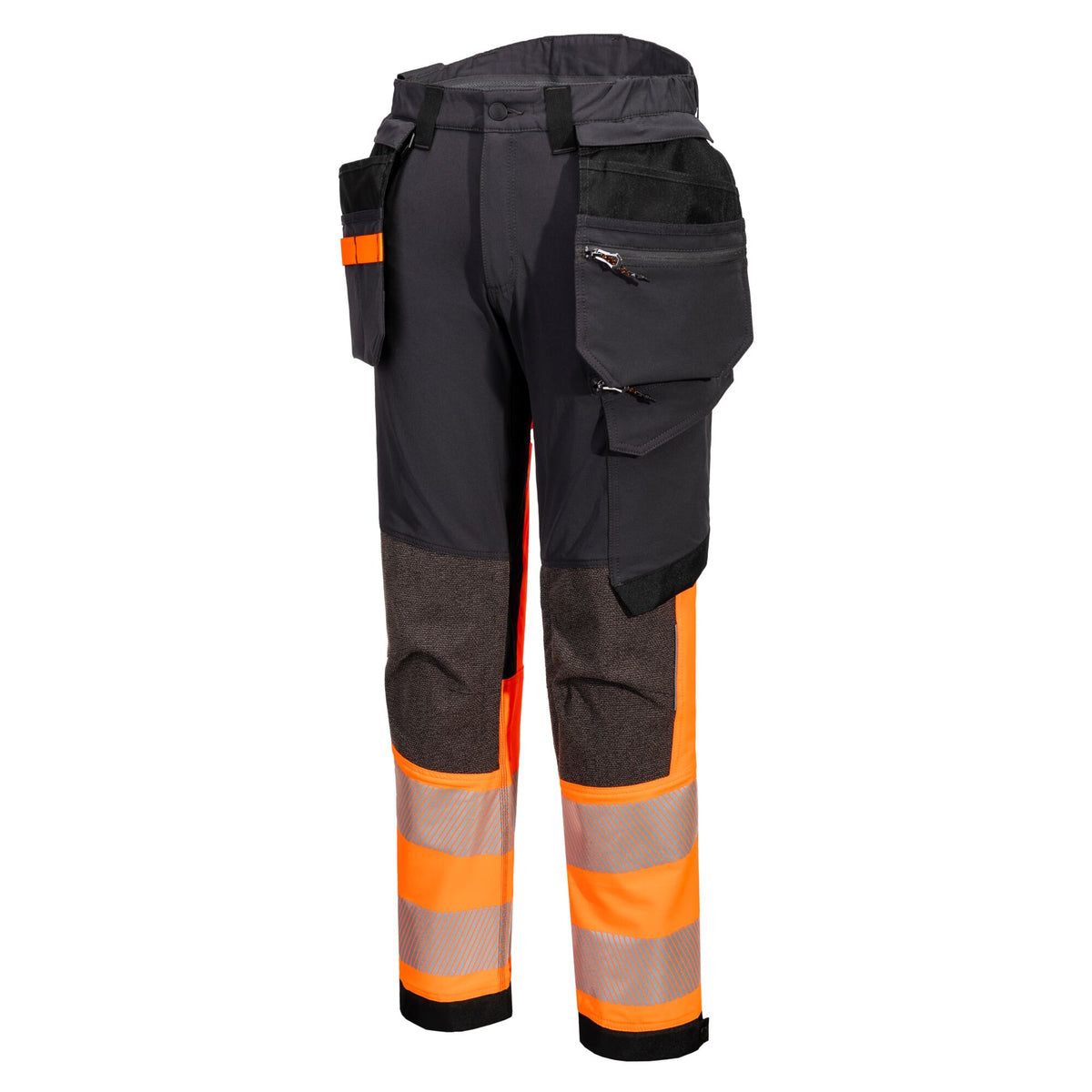 Portwest EV4 EV442 Hi-Vis Class 1 Stretch Holster Work Trousers in Orange/Metal Grey