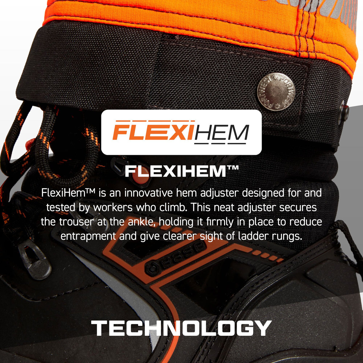 FlexiHem hem adjuster infographic, Portwest EV4 EV448 Hi-Vis Class 2 Stretch Holster Work Trousers