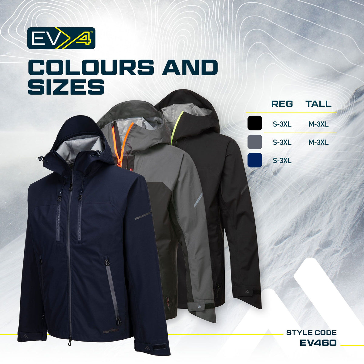 Portwest EV4 EV460 Waterproof Shell Jacket (3L), feature infographic