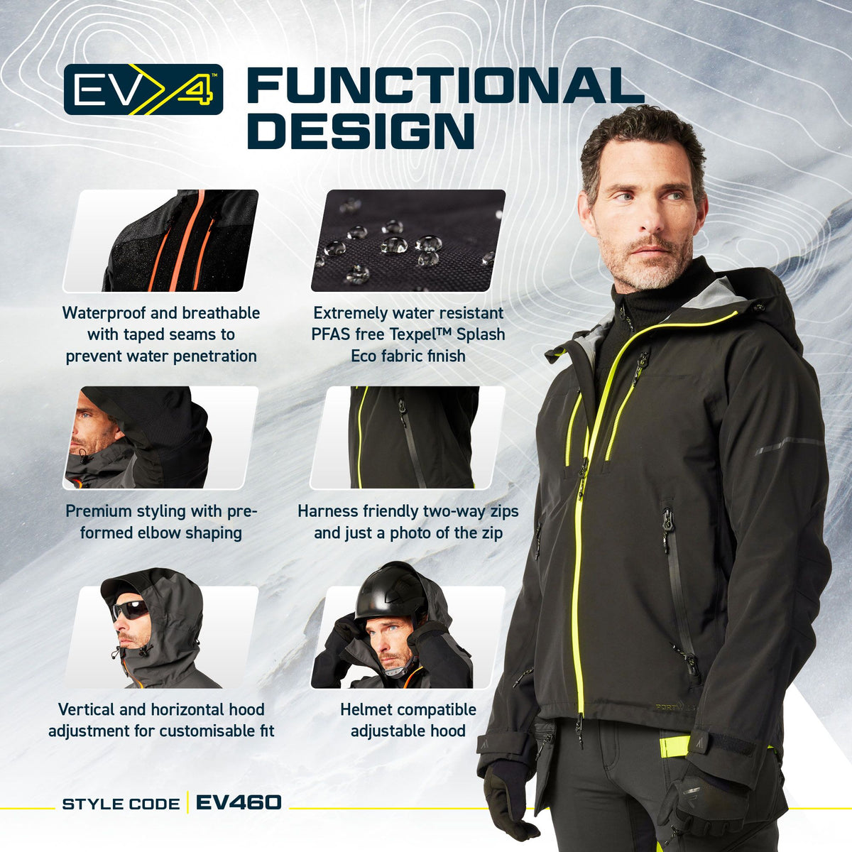 Portwest EV4 EV460 Waterproof Shell Jacket (3L), feature infographic