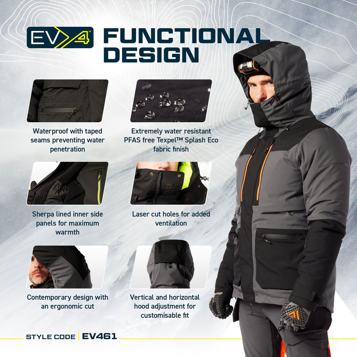Portwest EV4 EV461 Waterproof Winter Parka Jacket, feature infographic