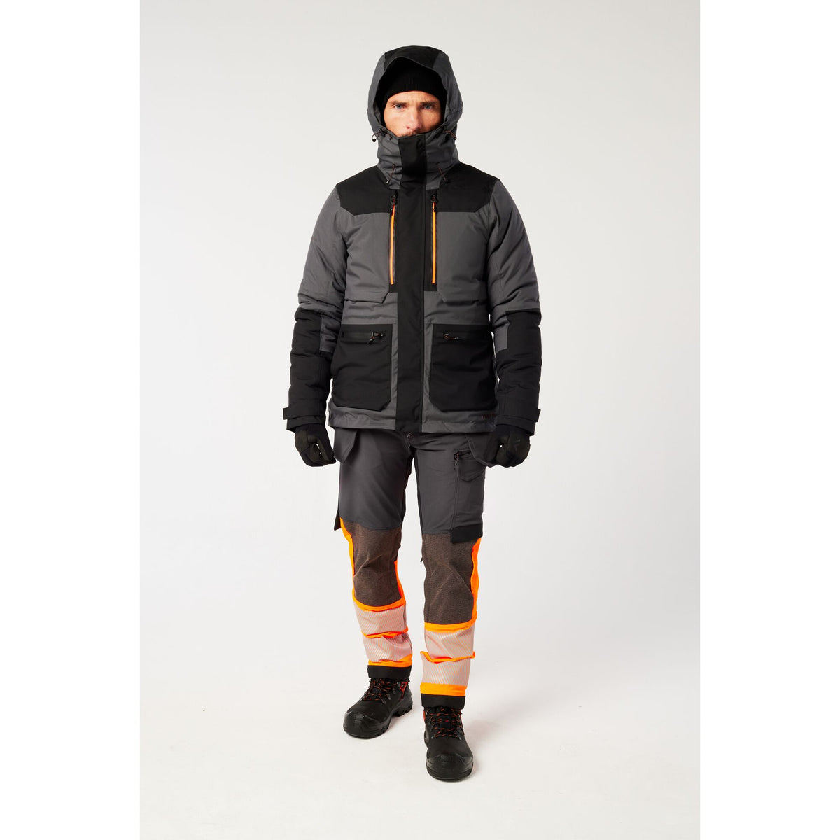 Portwest EV4 EV461 Waterproof Winter Parka Jacket in Metal Grey, worn by a model