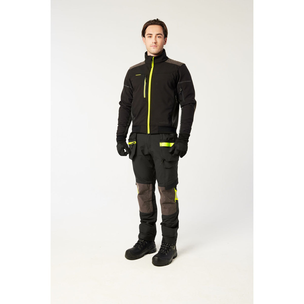 Portwest EV4 EV464 Softshell Bomber Work Jacket (3L) in Black, worn by a model