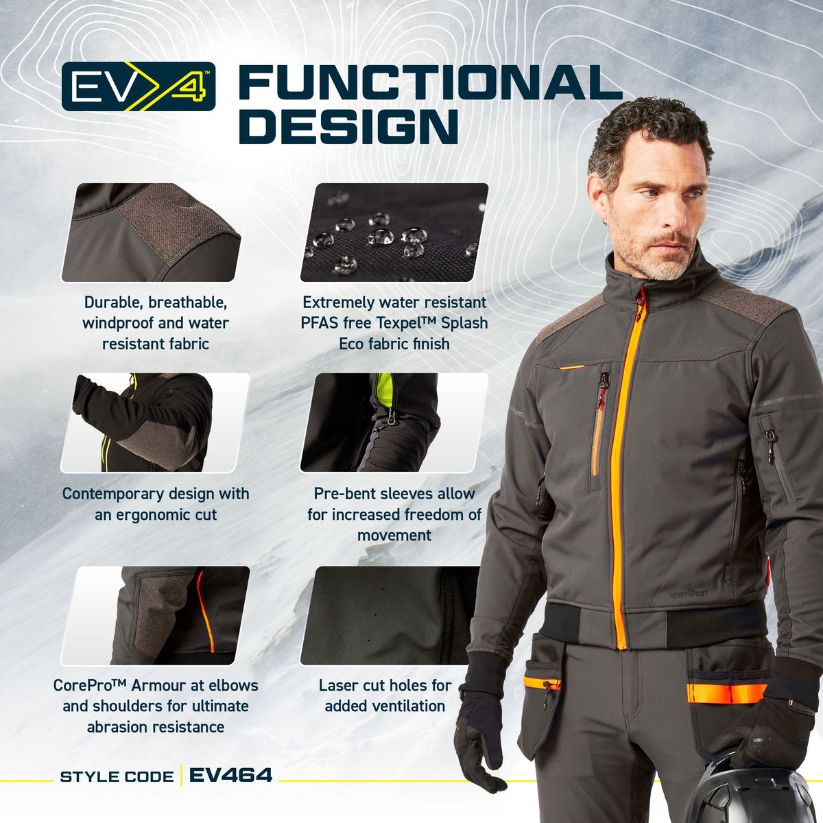 Portwest EV4 EV464 Softshell Bomber Work Jacket (3L), feature infographic