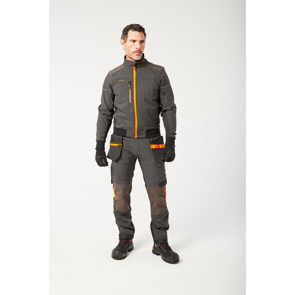 Portwest EV4 EV464 Softshell Bomber Work Jacket (3L) in Metal Grey, worn by a model