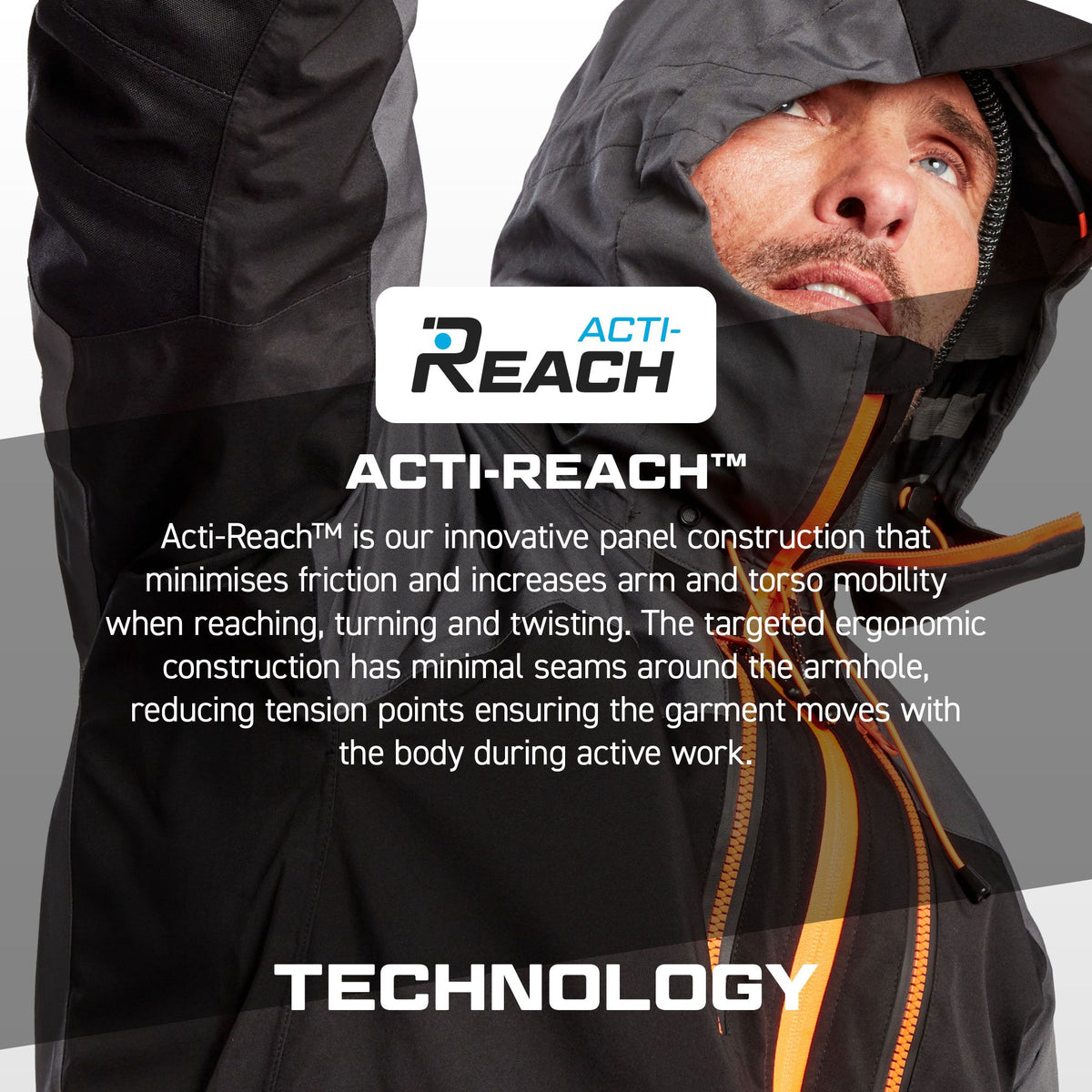 Acti-Reach panel infographic, Portwest EV4 EV468 Hi-Vis Class 2 Softshell Bomber Jacket (3L)