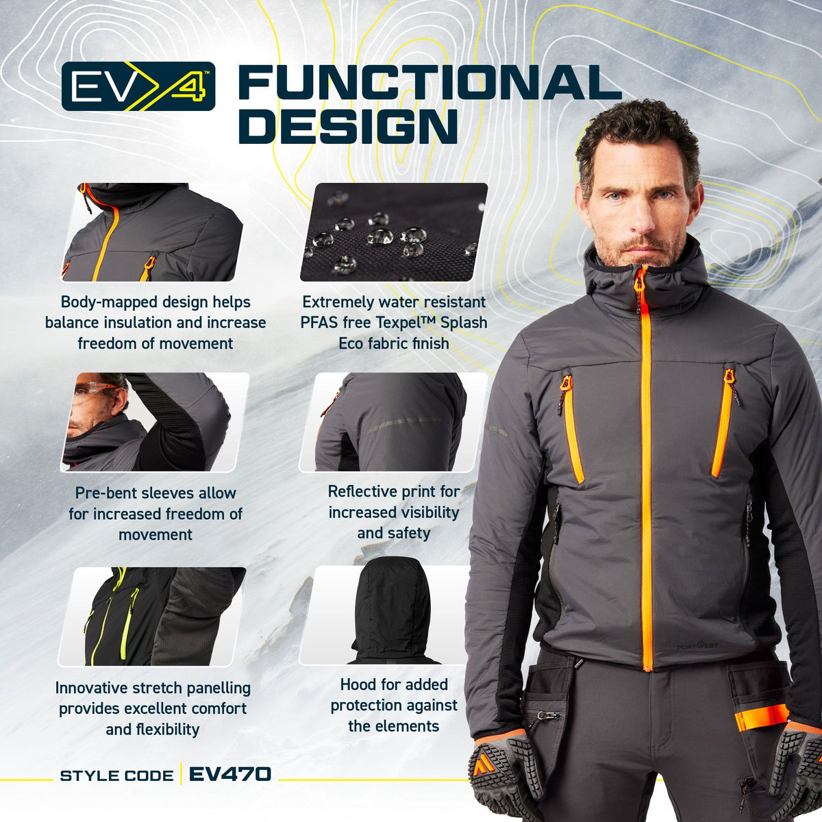 Portwest EV4 EV470 Insulated Hybrid Padded Work Jacket, feature infographic