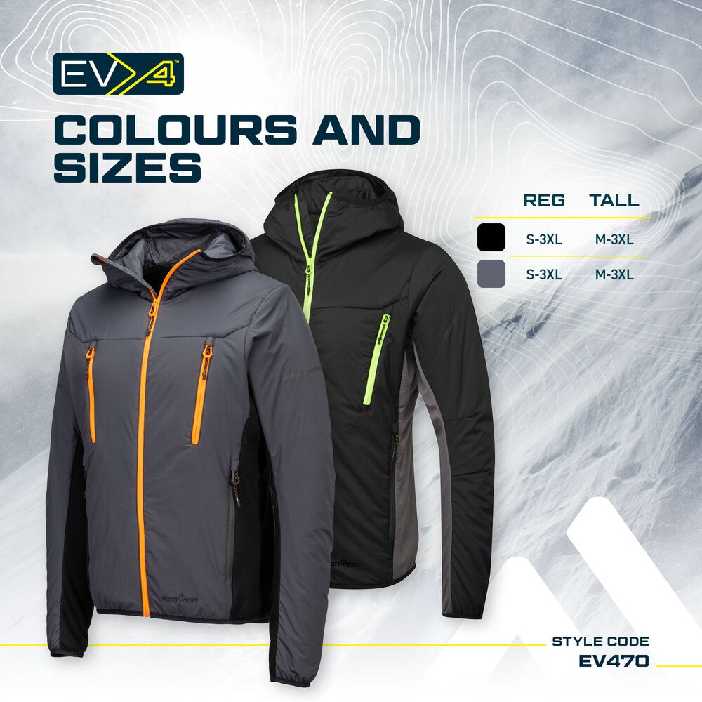 Portwest EV4 EV470 Insulated Hybrid Padded Work Jacket, feature infographic