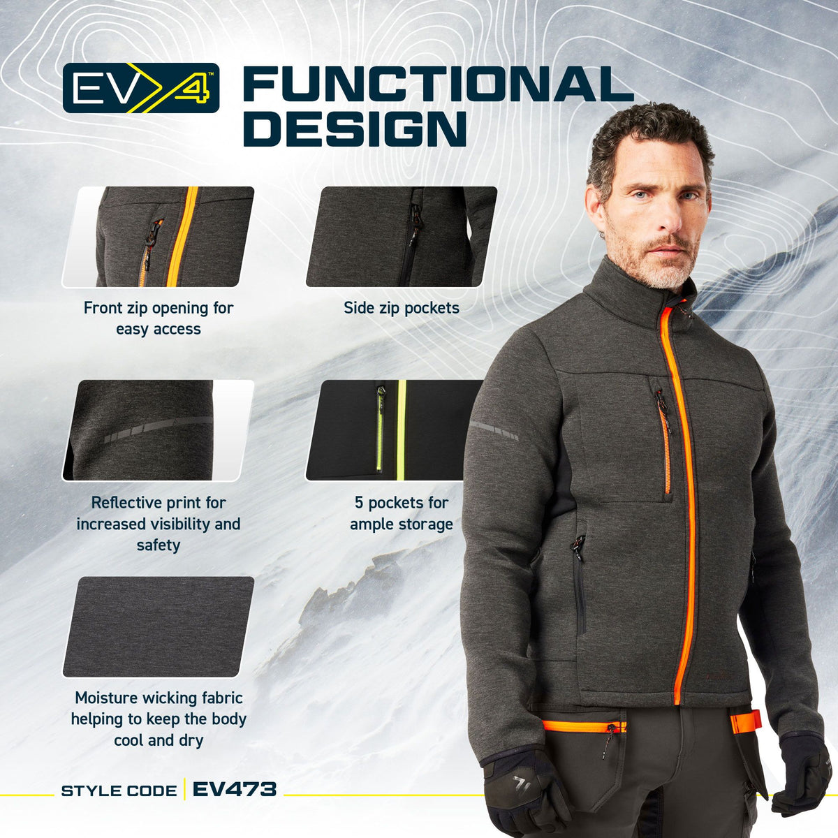 Portwest EV4 EV473 Technical Work Fleece Jacket, feature infographic