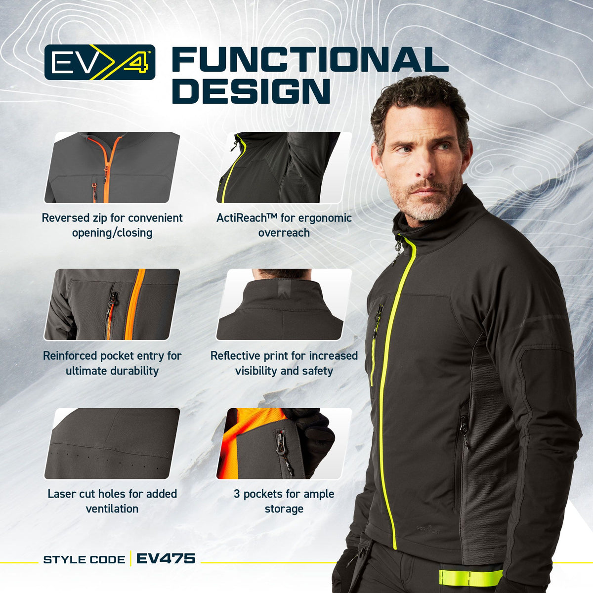 Portwest EV4 EV475 Stretch Work Jacket, feature infographic
