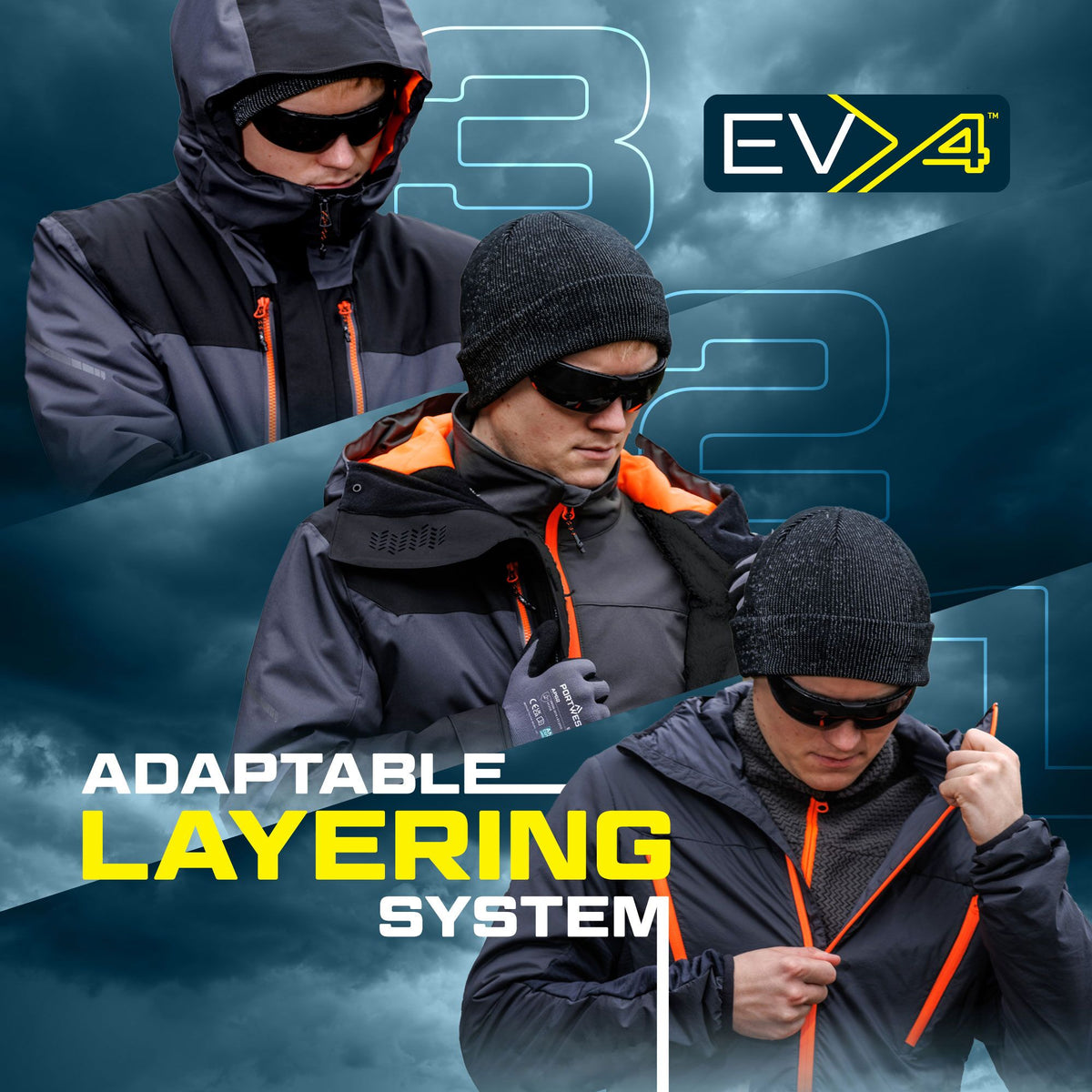 EV4 adaptable layering system infographic, Portwest EV4 EV476 Stretch Work Fleece