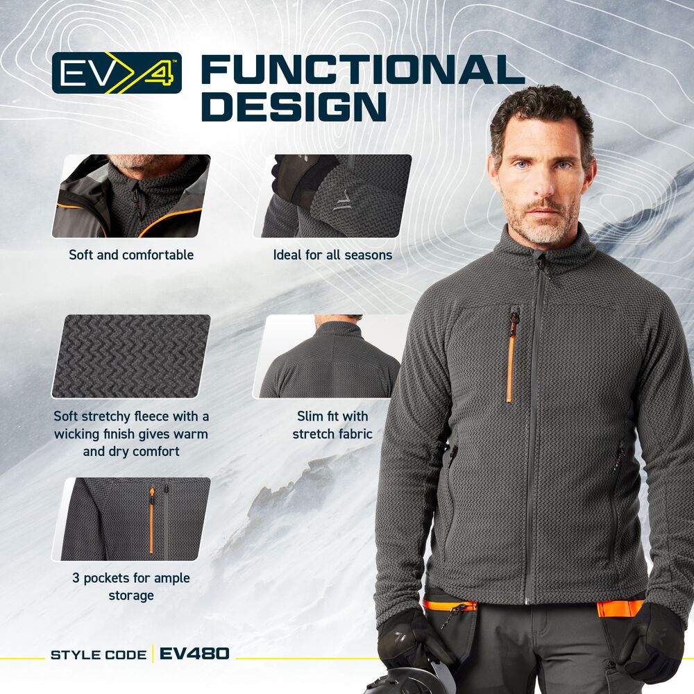 Portwest EV4 EV480 Textured Stretch Work Fleece, feature infographic